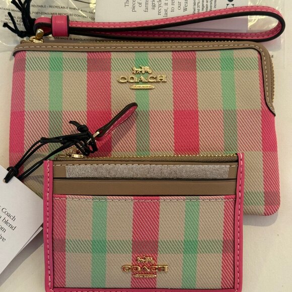 Coach Mini Skinny Id Case w wristlet/wallet /Plaid Print set/pink/ multi - Picture 1 of 16